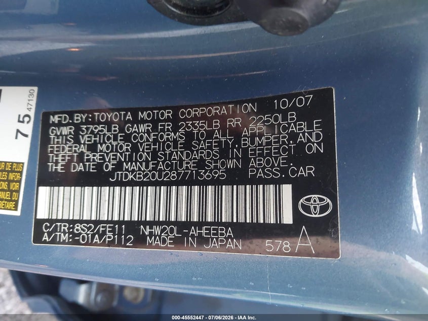 2008 Toyota Prius VIN JTDKB20U287713695 IAAI salvage auction — NORMAL WEAR, Clear (New York), sold $1,350 on 2026-07-14 (photo 9)