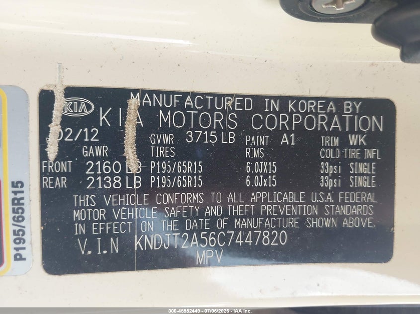 2012 Kia Soul VIN KNDJT2A56C7447820 IAAI salvage auction — NORMAL WEAR, Clear (Georgia), sold $700 on 2026-07-30 (photo 9)