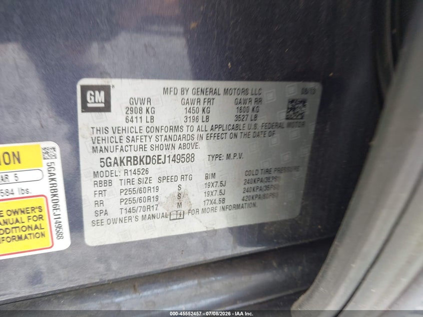 2014 Buick Enclave VIN 5GAKRBKD6EJ149588 IAAI salvage auction — FRONT END, Rebuildable (Florida), sold $25 on 2026-07-29 (photo 9)
