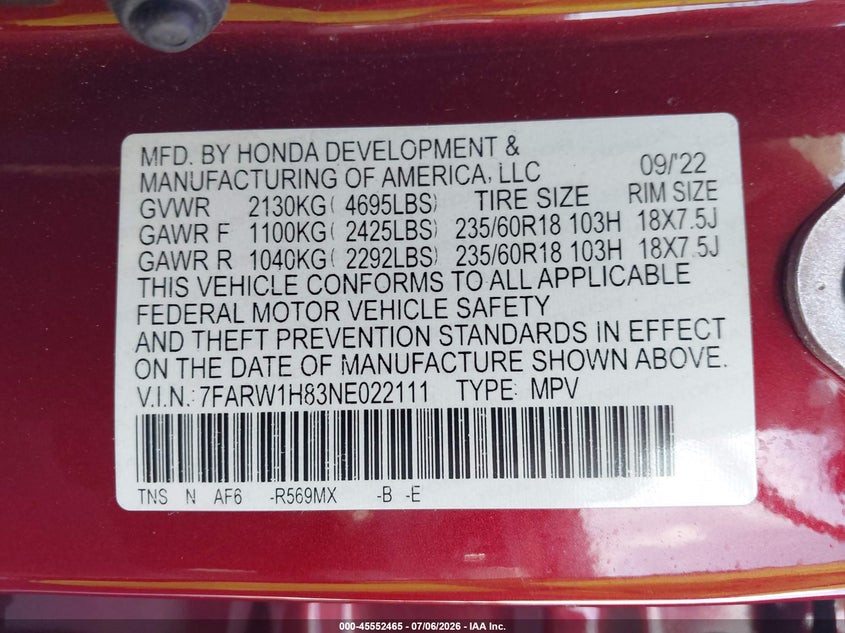 2022 Honda Cr-v VIN 7FARW1H83NE022111 IAAI salvage auction — RIGHT REAR, Certificate Of Destruction (Florida), sold $6,300 on 2026-07-29 (photo 9)