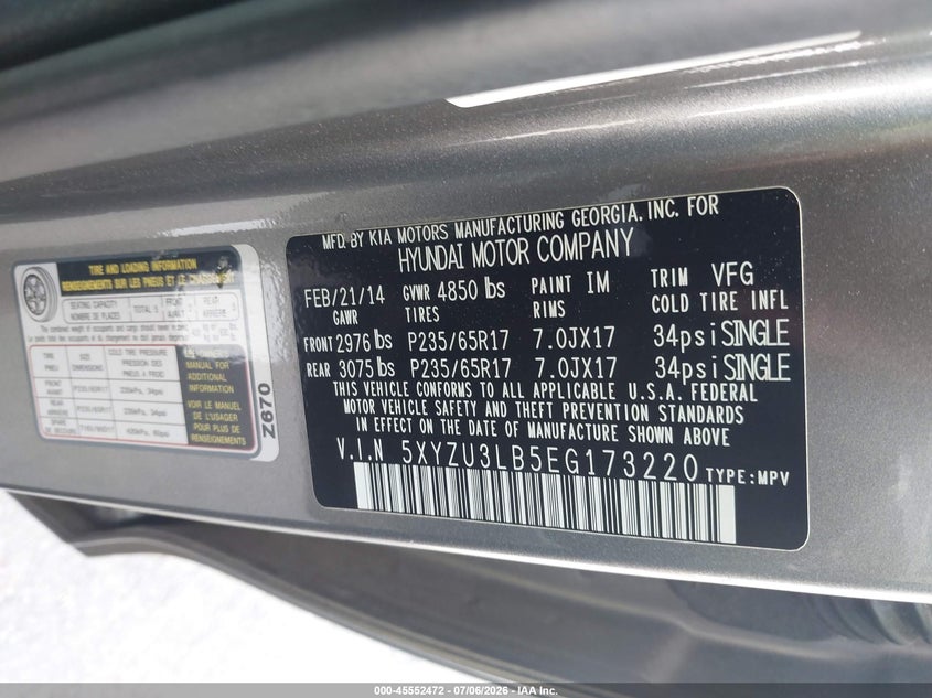 2014 Hyundai Santa fe VIN 5XYZU3LB5EG173220 IAAI salvage auction — NORMAL WEAR, Clear (Georgia), sold $1,550 on 2026-07-15 (photo 9)