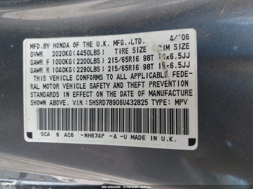 2006 Honda Cr-v VIN SHSRD78906U432825 IAAI salvage auction — NORMAL WEAR, Clear (Tennessee), sold $475 on 2026-07-29 (photo 9)