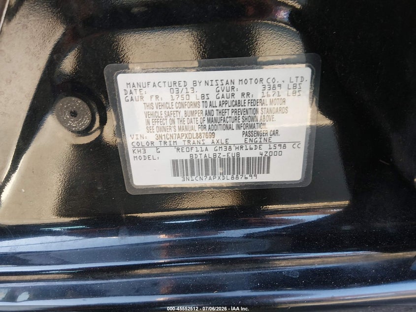 2013 Nissan Versa VIN 3N1CN7APXDL887699 IAAI salvage auction — FRONT END, Salvage (California), sold $300 on 2026-07-17 (photo 9)