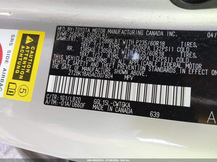 2010 Lexus Rx 350 VIN 2T2BK1BA5AC007804 IAAI salvage auction — FRONT END, Salvage (Massachusetts), sold $3,700 on 2026-08-22 (photo 9)
