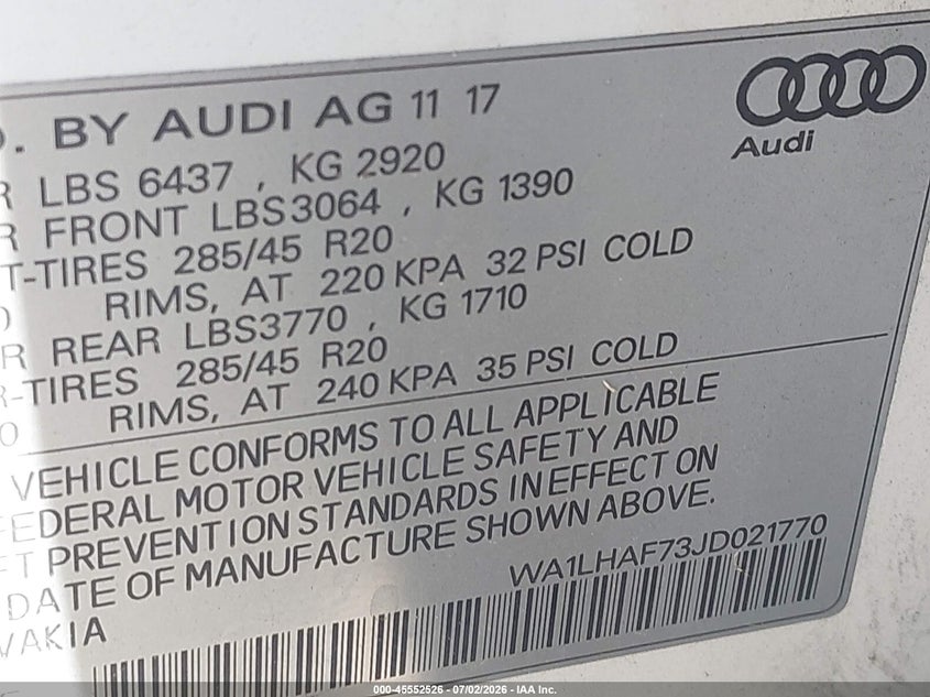 2018 Audi Q7 VIN WA1LHAF73JD021770 IAAI salvage auction — NORMAL WEAR, Clear - Dealer Only (California), sold $7,350 on 2026-07-13 (photo 9)