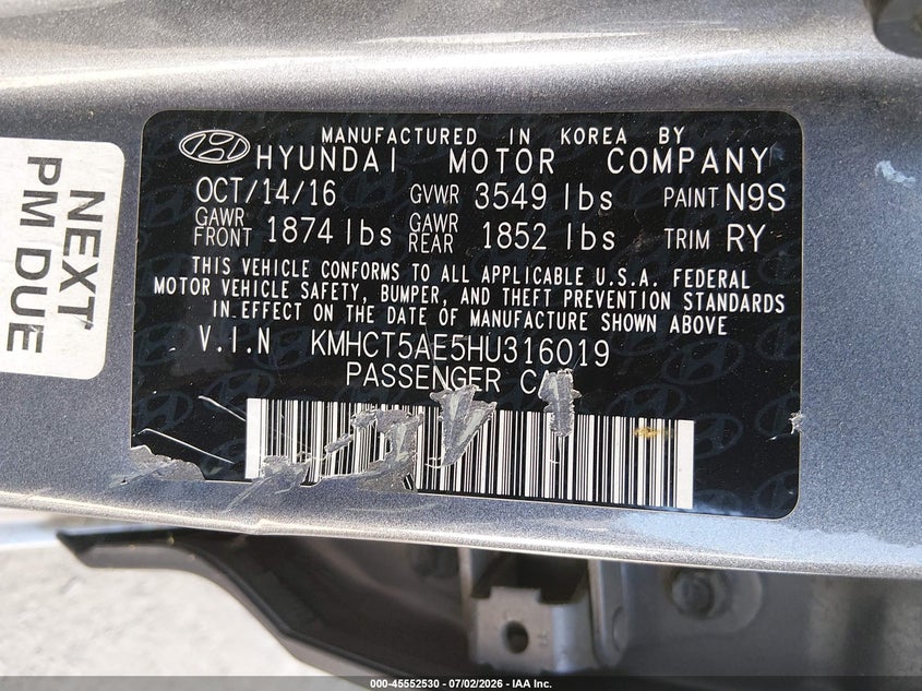 2017 Hyundai Accent VIN KMHCT5AE5HU316019 IAAI salvage auction — NORMAL WEAR, Clear - Dealer Only (California), sold $775 on 2026-07-09 (photo 9)