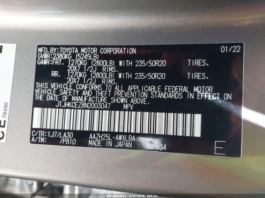 2022 Lexus Nx VIN JTJHKCEZ8N2003047 IAAI salvage auction — FRONT & REAR, Salvage Title, sold $24,700 on 2026-07-19 (photo 9)