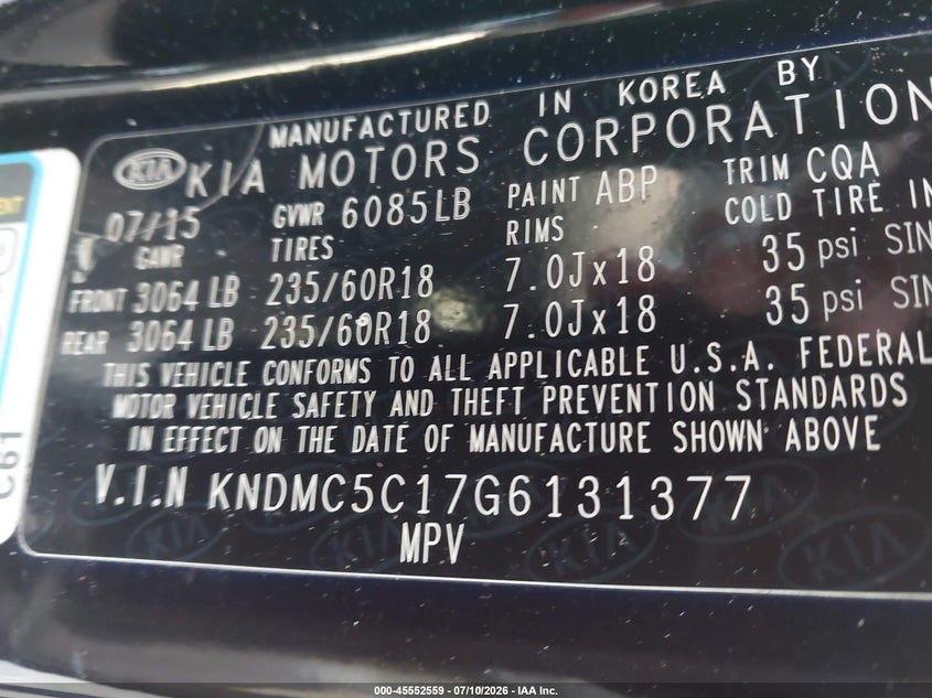 2016 Kia SEDONA VIN KNDMC5C17G6131377 IAAI salvage auction — RIGHT SIDE, Salvage (Virginia), sold $2,300 on 2026-07-27 (photo 9)