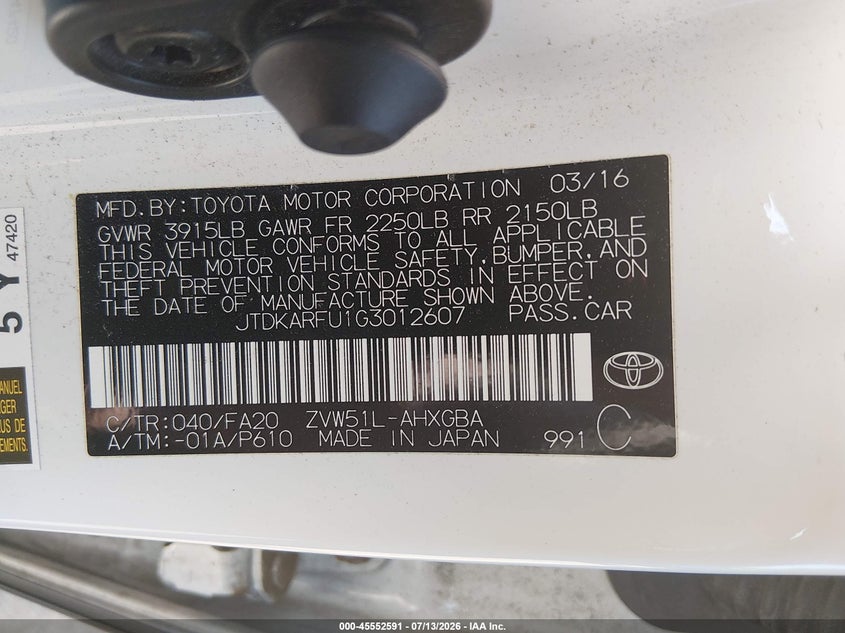 2016 Toyota Prius VIN JTDKARFU1G3012607 IAAI salvage auction — NORMAL WEAR, Salvage Title, sold $3,500 on 2026-07-21 (photo 9)