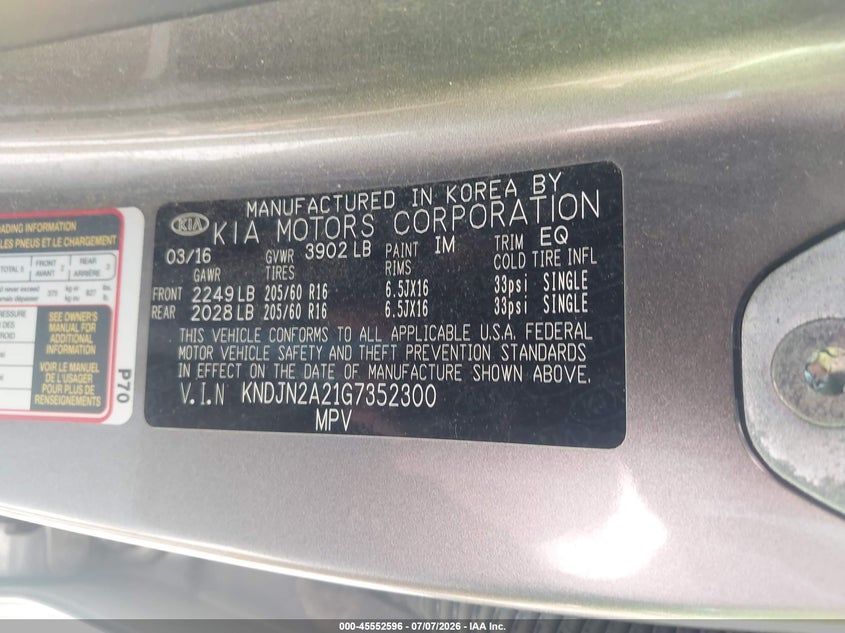 2016 Kia Soul VIN KNDJN2A21G7352300 IAAI salvage auction — NORMAL WEAR, Salvage (Idaho), sold $600 on 2026-07-30 (photo 9)