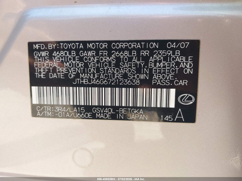 2007 Lexus Es 350 VIN JTHBJ46G672123638 IAAI salvage auction — REAR END, Clear - Dealer Only (California), sold $675 on 2026-07-15 (photo 9)