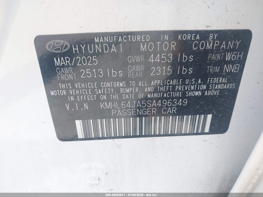2025 Hyundai Sonata VIN KMHL64JA5SA496349 IAAI salvage auction — RIGHT REAR, Enterprise Vehicles Clear Only (Oregon), sold $16,700 on 2026-07-08 (photo 9)