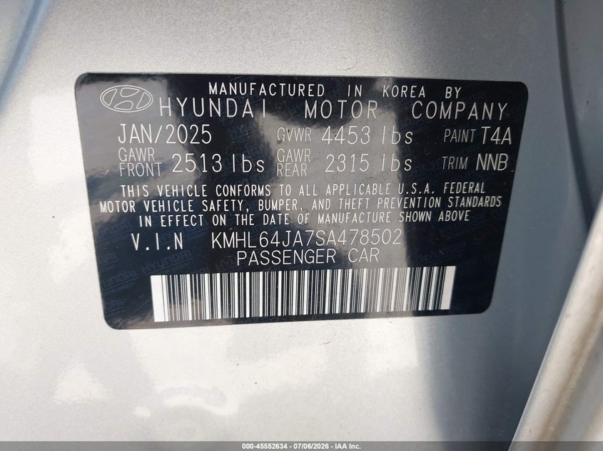 2025 Hyundai Sonata VIN KMHL64JA7SA478502 IAAI salvage auction — RIGHT FRONT, Salvage Title, sold $11,750 on 2026-07-08 (photo 9)