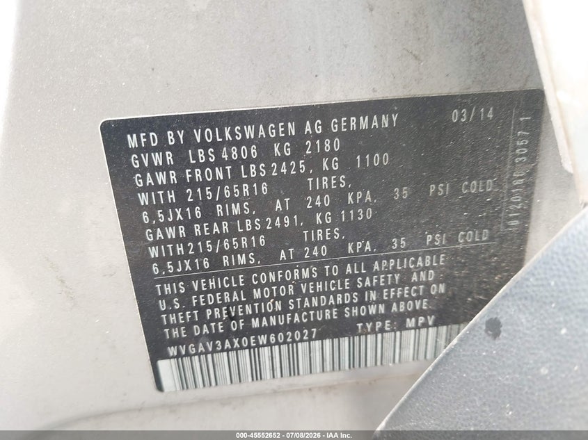 2014 Volkswagen Tiguan VIN WVGAV3AX0EW602027 IAAI salvage auction — NORMAL WEAR, Nrc Lienholder Repossession Paperwork (Texas), sold $25 on 2026-07-29 (photo 9)