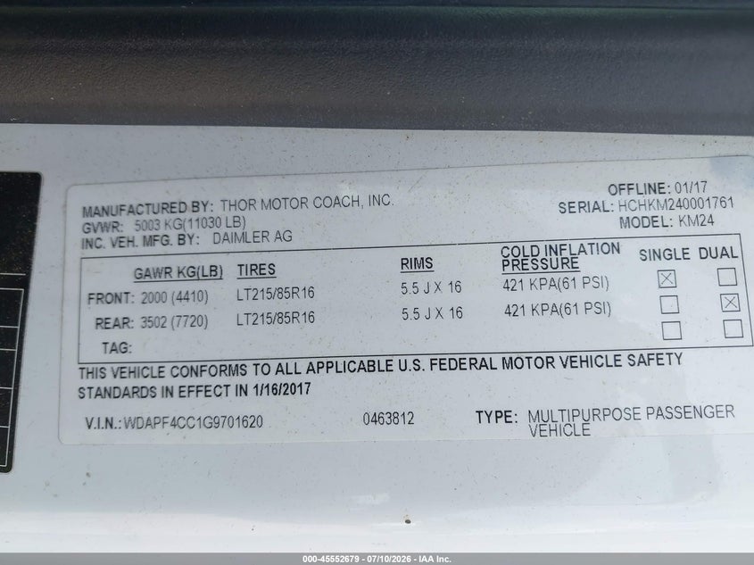 2016 Mercedes-benz Sprinter VIN WDAPF4CC1G9701620 IAAI salvage auction — WATER/FLOOD, Salvage (Mississippi), sold $5,200 on 2026-07-31 (photo 9)