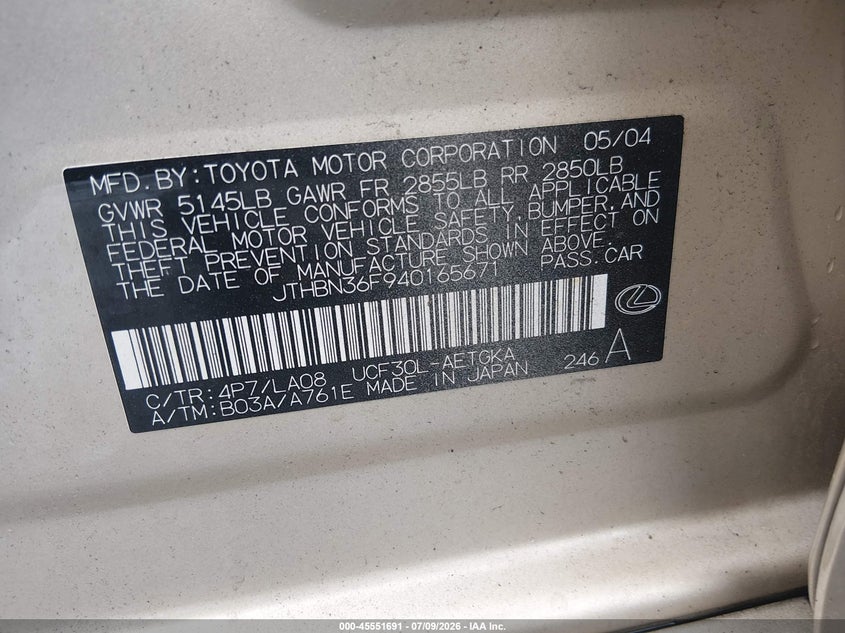 2004 Lexus Ls 430 VIN JTHBN36F940165671 IAAI salvage auction — UNKNOWN, Salvage - Greater Than 75% (Maryland), sold $1,150 on 2026-07-27 (photo 9)