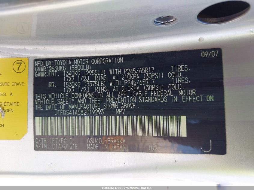 2008 Toyota Highlander VIN JTEDS41A582019293 IAAI salvage auction — FRONT & REAR, Salvage (California), sold $775 on 2026-07-18 (photo 9)
