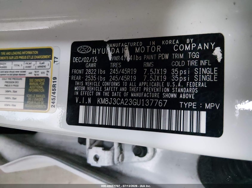 2016 Hyundai Tucson VIN KM8J3CA23GU137767 IAAI salvage auction — WATER/FLOOD, Salvage (Texas), sold $2,250 on 2026-08-01 (photo 9)