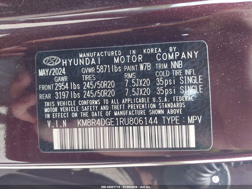 2024 Hyundai Palisade VIN KM8R4DGE1RU806144 IAAI salvage auction — LEFT FRONT, Wait Title, sold $11,400 on 2026-08-20 (photo 9)