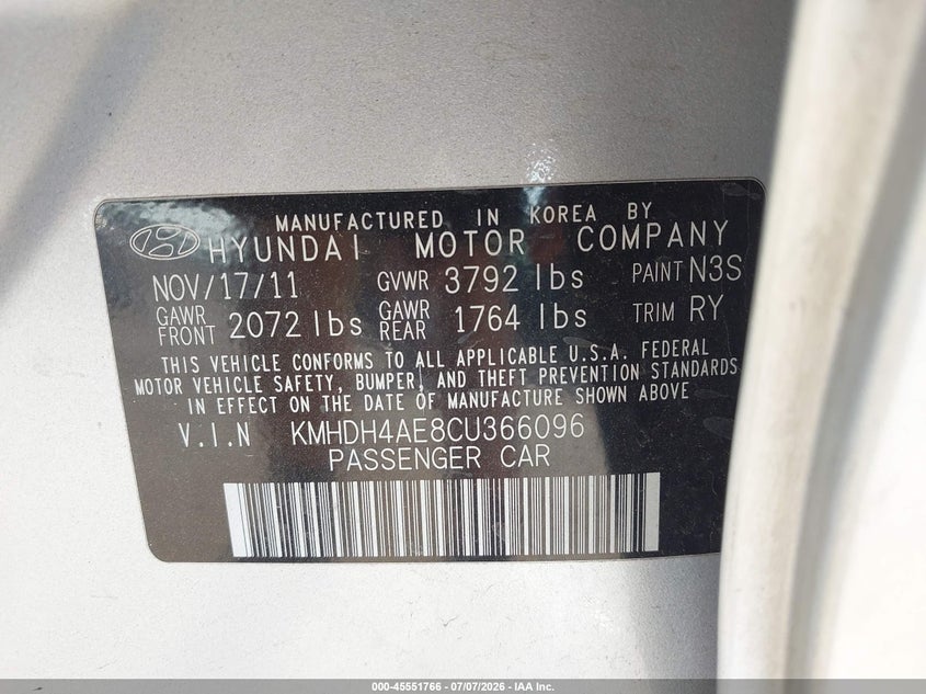2012 Hyundai Elantra VIN KMHDH4AE8CU366096 IAAI salvage auction — FRONT END, Salvage (Texas), sold $25 on 2026-07-28 (photo 9)