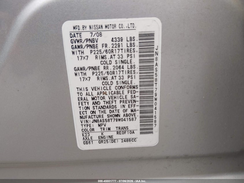 2009 Nissan Rogue VIN JN8AS58T79W041587 IAAI salvage auction — REAR END, Salvage (Texas), sold $300 on 2026-07-28 (photo 9)