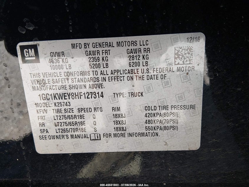 2017 Chevrolet Silverado VIN 1GC1KWEY8HF127314 IAAI salvage auction — RIGHT SIDE, Salvage Title, sold $24,400 on 2026-07-29 (photo 9)