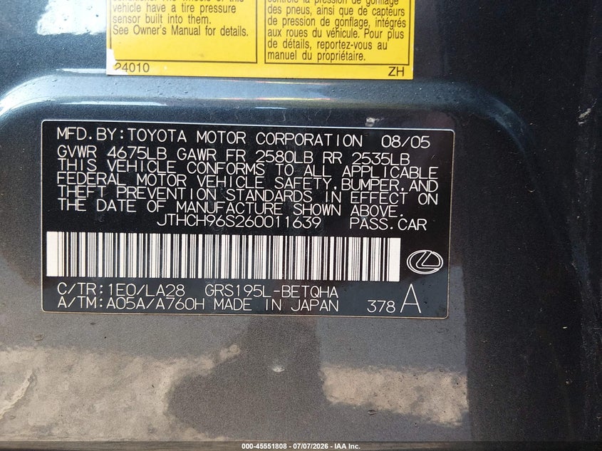 2006 Lexus Gs 300 VIN JTHCH96S260011639 IAAI salvage auction — NORMAL WEAR, Clear (Illinois), sold $400 on 2026-07-17 (photo 9)