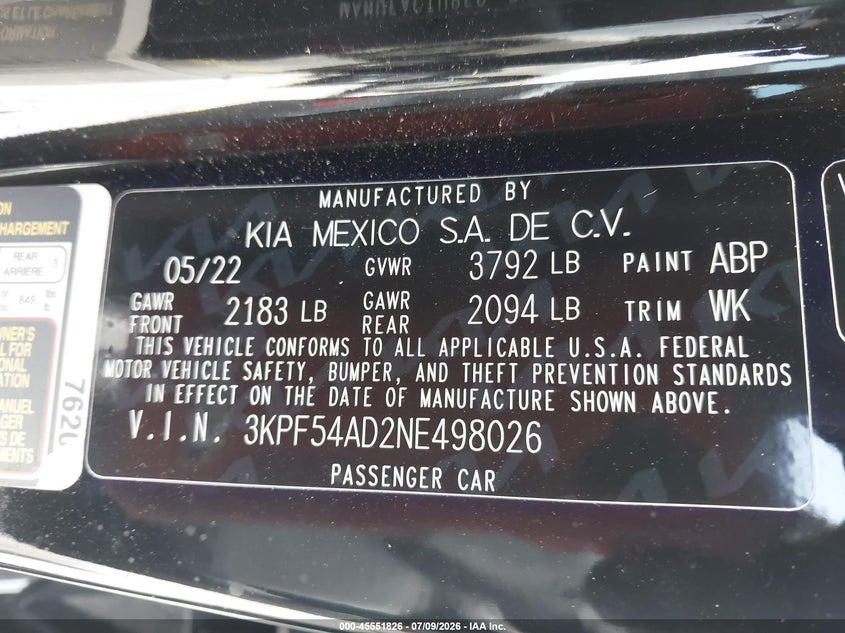 2022 Kia Forte VIN 3KPF54AD2NE498026 IAAI salvage auction — FRONT END, Rebuildable (Florida), sold $4,475 on 2026-08-01 (photo 9)