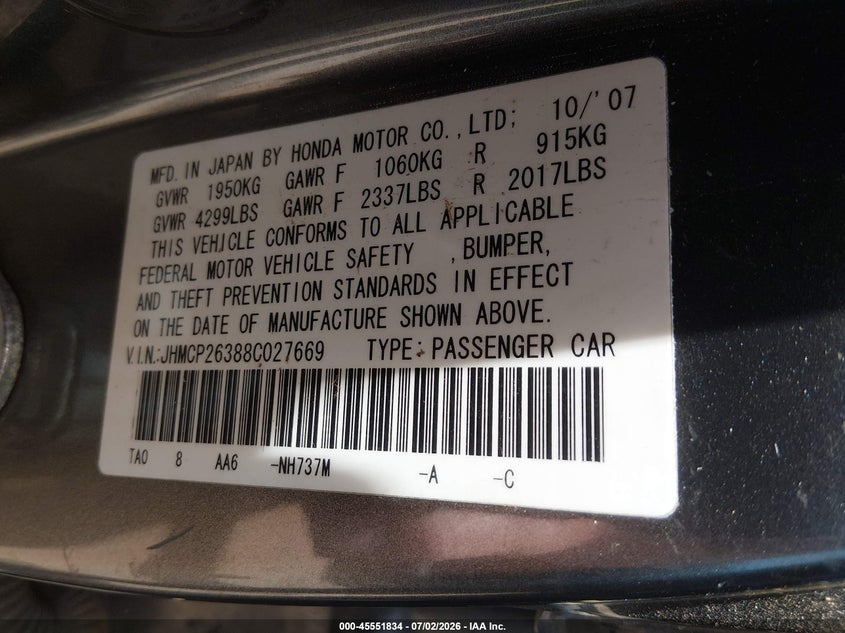 2008 Honda Accord VIN JHMCP26388C027669 IAAI salvage auction — NORMAL WEAR, App For Dup Clear (California), sold $475 on 2026-07-29 (photo 9)
