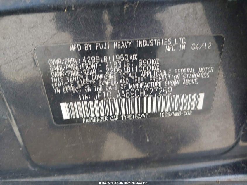 2012 Subaru Impreza VIN JF1GJAA69CH027259 IAAI salvage auction — HAIL, Regular Certificate (Iowa), sold $1,325 on 2026-07-14 (photo 9)