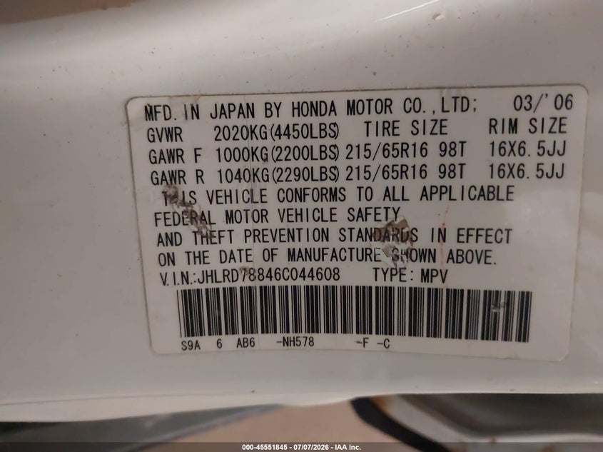 2006 Honda Cr-v VIN JHLRD78846C044608 IAAI salvage auction — NORMAL WEAR, Clear (Wisconsin), sold $300 on 2026-07-24 (photo 9)