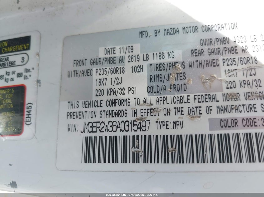 2010 Mazda Cx-7 VIN JM3ER2W36A0315497 IAAI salvage auction — NORMAL WEAR, Original (Texas), sold $450 on 2026-07-23 (photo 9)