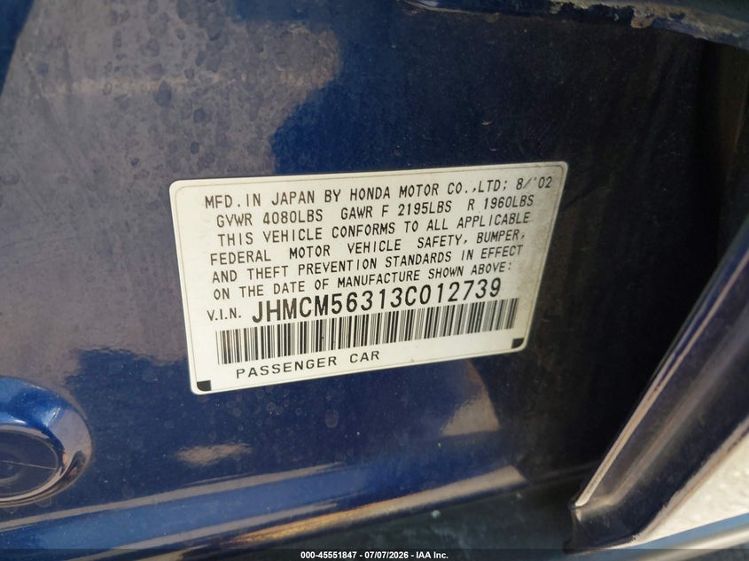 2003 Honda Accord VIN JHMCM56313C012739 IAAI salvage auction — FRONT & REAR, Salvage (California), sold $200 on 2026-07-23 (photo 9)