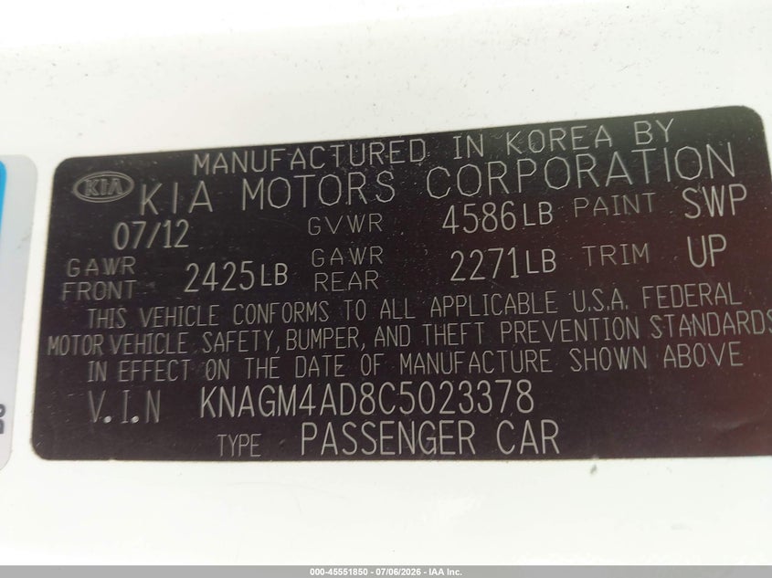 2012 Kia Optima VIN KNAGM4AD8C5023378 IAAI salvage auction — NORMAL WEAR, Clear (Michigan), sold $925 on 2026-07-30 (photo 9)