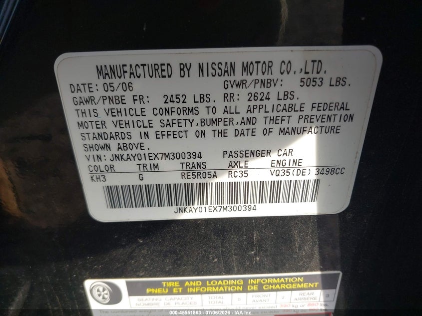 2007 Infiniti M35 VIN JNKAY01EX7M300394 IAAI salvage auction — REPOSSESSION, Original (Texas), sold $350 on 2026-07-21 (photo 9)