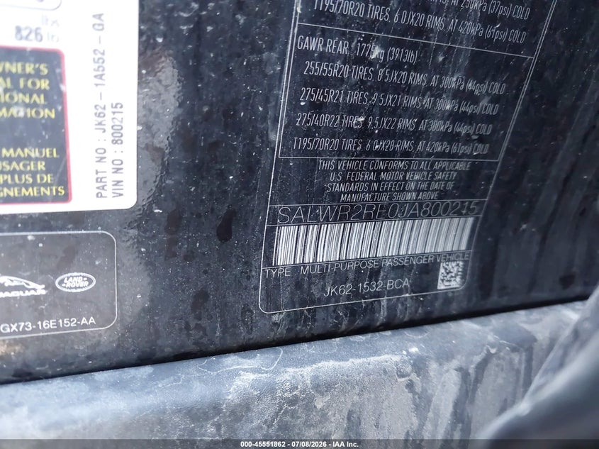 2018 Land rover Range rover sport VIN SALWR2RE0JA800215 IAAI salvage auction — FRONT END, Wait Title, sold $13,350 on 2026-09-29 (photo 9)