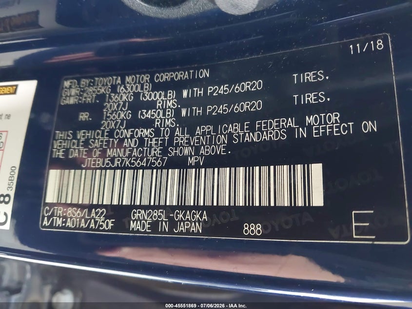 2019 Toyota 4runner VIN JTEBU5JR7K5647567 IAAI salvage auction — RIGHT FRONT, Rebuildable (Florida), sold $11,650 on 2026-08-01 (photo 9)