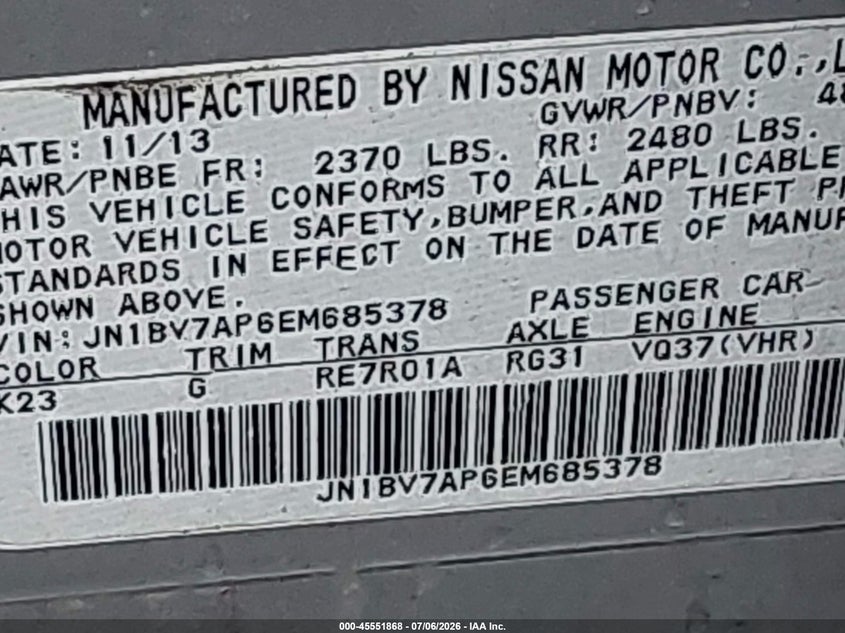 2014 Infiniti Q50 VIN JN1BV7AP6EM685378 IAAI salvage auction — NORMAL WEAR, Clear (New York), sold $1,950 on 2026-07-14 (photo 9)