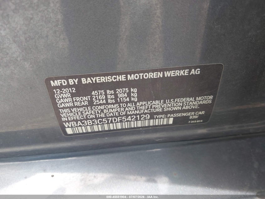 2013 BMW 3er VIN WBA3B3C57DF542129 IAAI salvage auction — RIGHT FRONT, Wait Title, sold $1,350 on 2026-08-15 (photo 9)