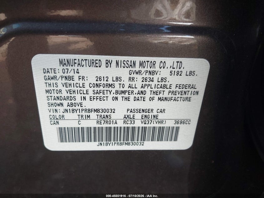 2015 Infiniti Q70 VIN JN1BY1PR8FM830032 IAAI salvage auction — REAR END, Salvage (Alabama), sold $1,800 on 2026-07-29 (photo 9)