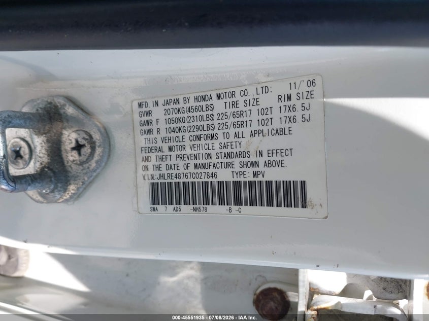 2007 Honda Cr-v VIN JHLRE48767C027846 IAAI salvage auction — FRONT & REAR, Clear (Massachusetts), sold $525 on 2026-07-31 (photo 9)