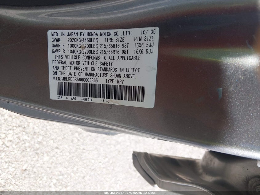 2006 Honda Cr-v VIN JHLRD68566C003865 IAAI salvage auction — NORMAL WEAR, Clear (Missouri), sold $25 on 2026-07-23 (photo 9)