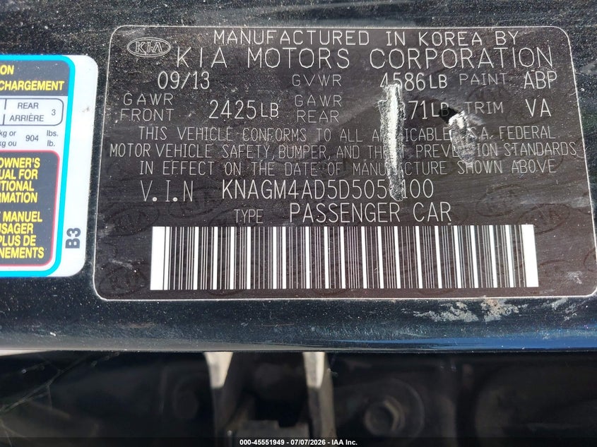 2013 Kia Optima VIN KNAGM4AD5D5056100 IAAI salvage auction — NORMAL WEAR, Salvage Title - Dealer (California), sold $400 on 2026-07-28 (photo 9)