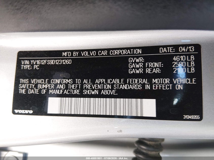 2013 Volvo S60 VIN YV1612FS9D1231260 IAAI salvage auction — LEFT SIDE, Salvage (California), sold $825 on 2026-08-17 (photo 9)