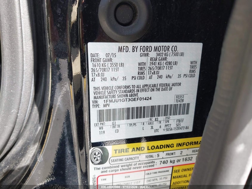 2016 Ford Expedition VIN 1FMJU1GT3GEF01424 IAAI salvage auction — NORMAL WEAR, Sf97 (California), sold $11,000 on 2026-07-30 (photo 9)