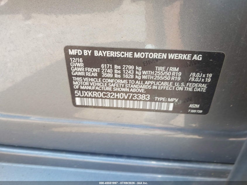 2017 BMW X5 VIN 5UXKR0C32H0V73383 IAAI salvage auction — FRONT END, Salvage (Massachusetts), sold $5,900 on 2026-07-22 (photo 9)