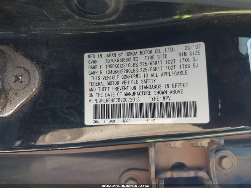 2007 Honda Cr-v VIN JHLRE48787C072013 IAAI salvage auction — NORMAL WEAR, Clear-Dealer Only (Utah), sold $1,250 on 2026-07-14 (photo 9)