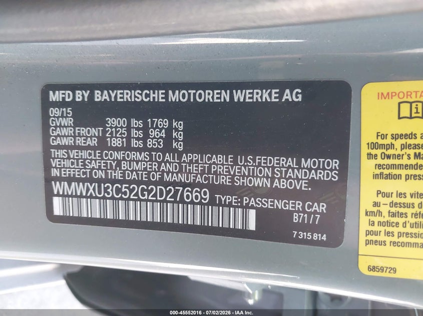 2016 Mini Hard top VIN WMWXU3C52G2D27669 IAAI salvage auction — REAR END, Wait Title, sold $3,750 on 2026-08-19 (photo 9)