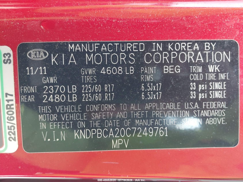 2012 Kia Sportage VIN KNDPBCA20C7249761 IAAI salvage auction — RIGHT SIDE, Salvage - Greater Than 75% (Maryland), sold $875 on 2026-07-30 (photo 9)