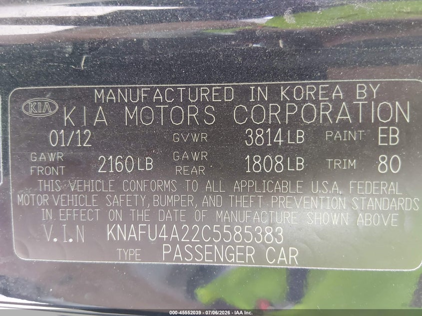 2012 Kia Forte VIN KNAFU4A22C5585383 IAAI salvage auction — HAIL, Salvage Title, sold $400 on 2026-07-31 (photo 9)